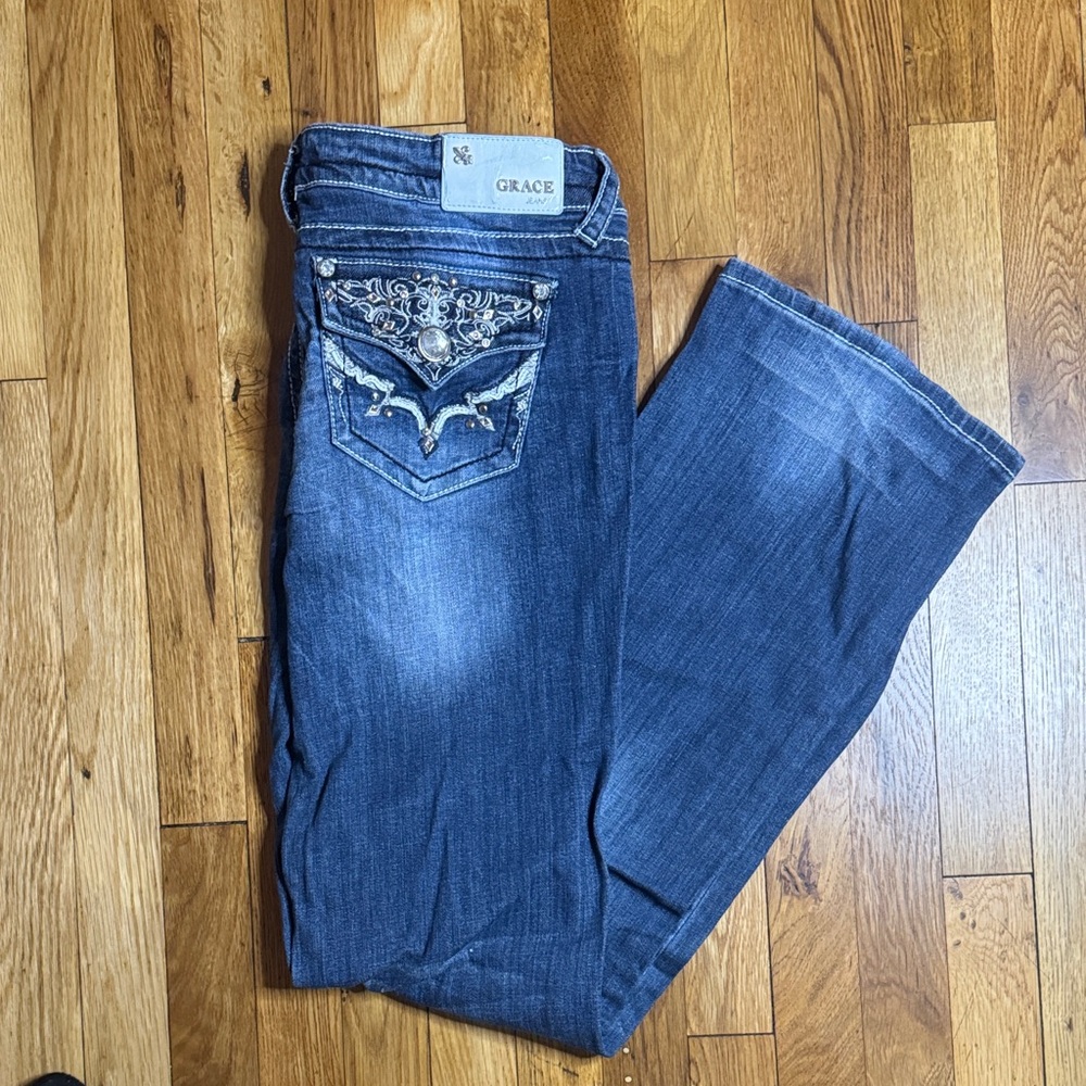 Grace Women's Dark Blue Flare Jeans with Embroidered Pocket